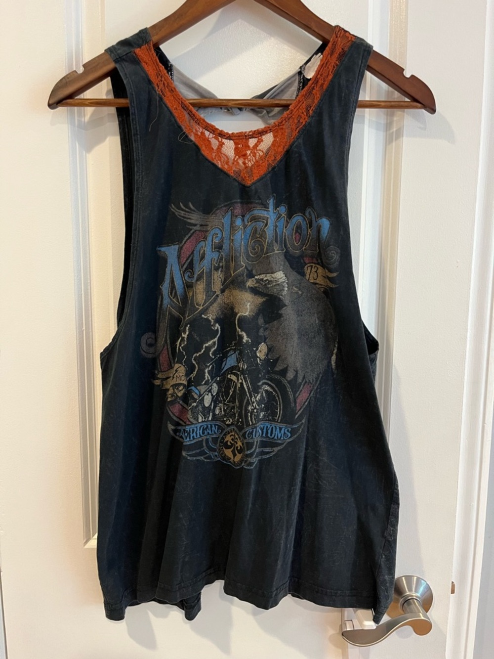Affliction Women's Black Graphic Tank with Rust Lace Trim